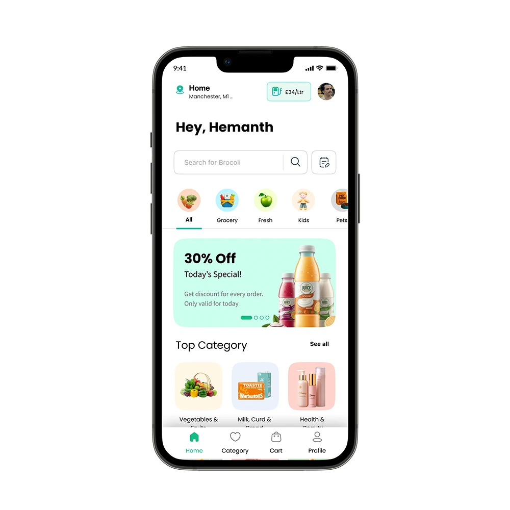 Home — personalised greeting, live fuel price context, and quick access to search and categories.