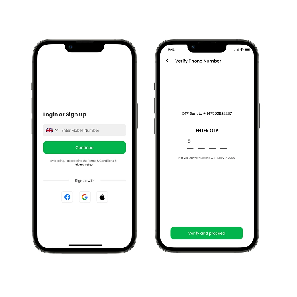 Onboarding — mobile number + OTP sign-in, alongside Facebook, Google, and Apple sign-in options.