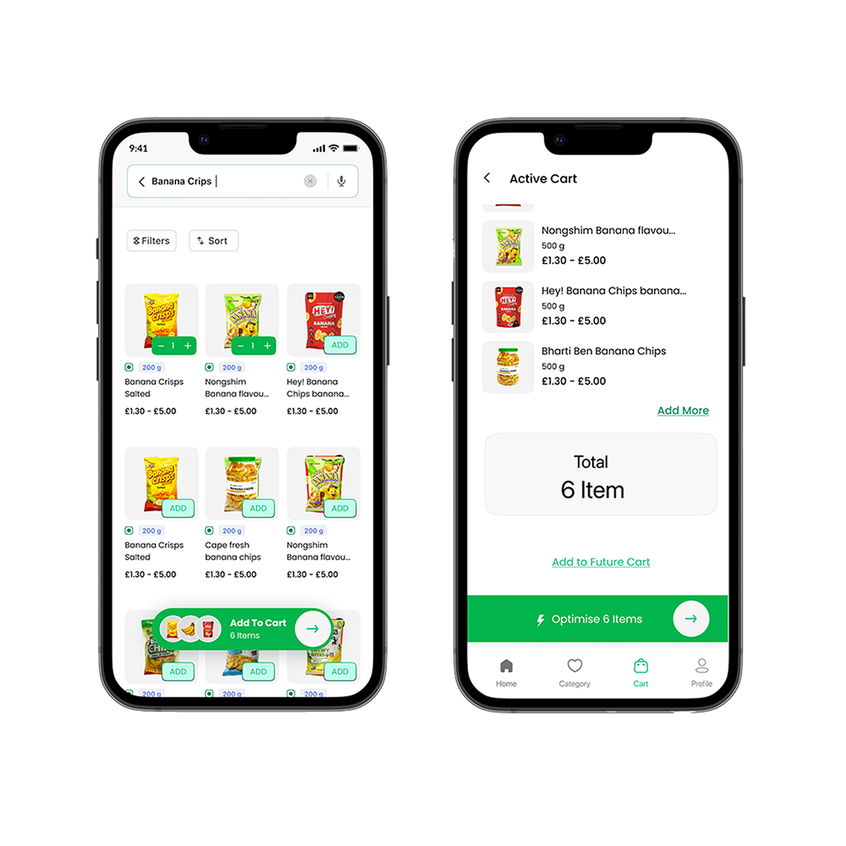 Search & Cart — dense, scannable product cards with a clear running total.