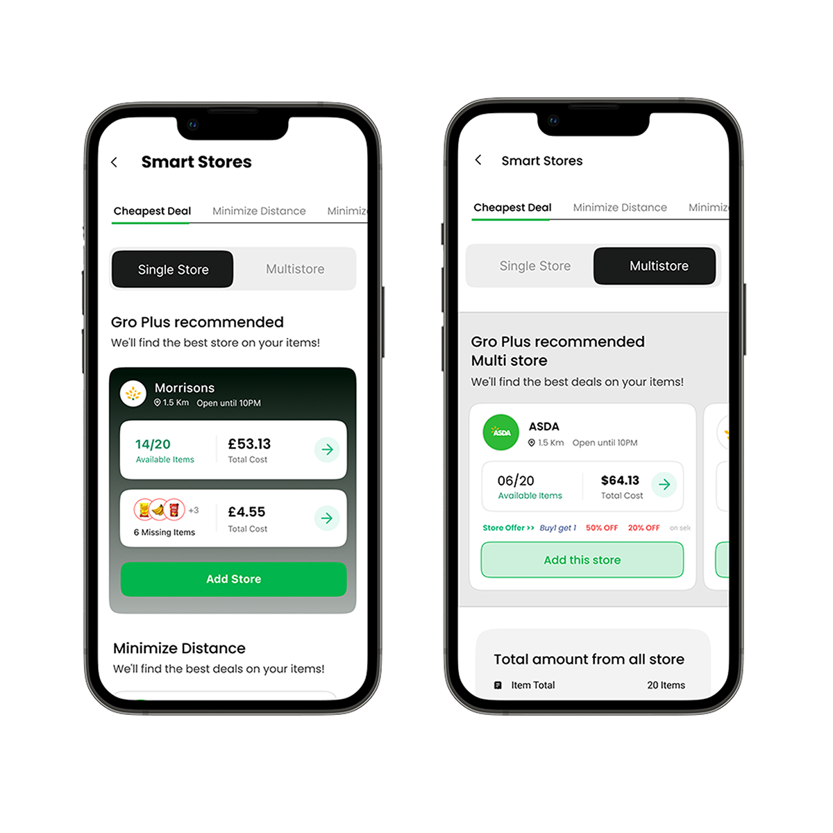 Smart Stores — Cheapest Deal, Minimize Distance, and Minimize Time, in single-store and multi-store modes.