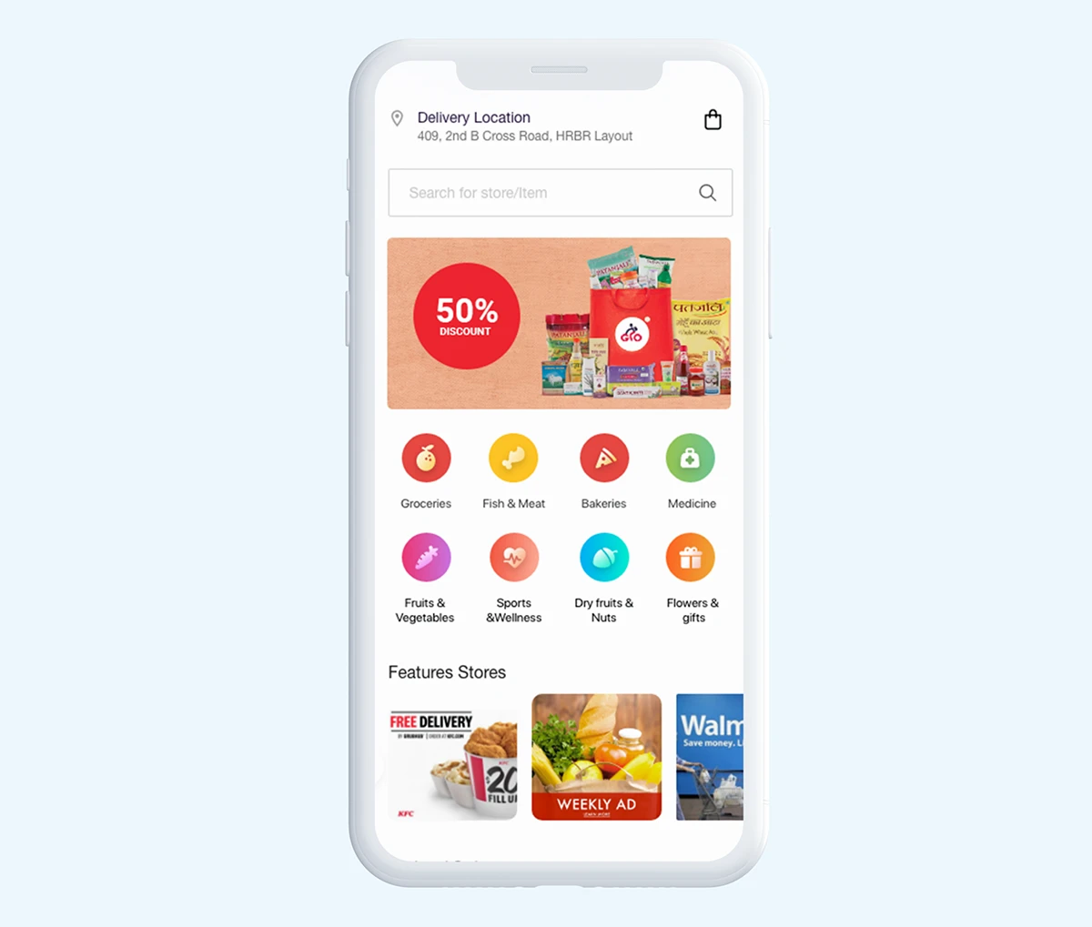 Customer home — delivery location, quick search, and category browsing across groceries, medicine, and daily essentials.
