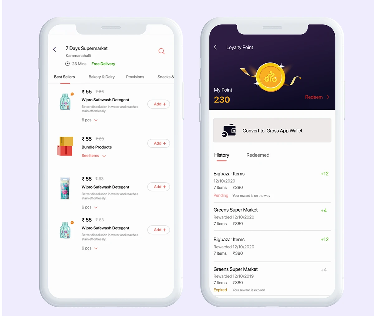 Store listing and the Loyalty Point / Groz App Wallet screen — earning and redeeming designed to feel rewarding.