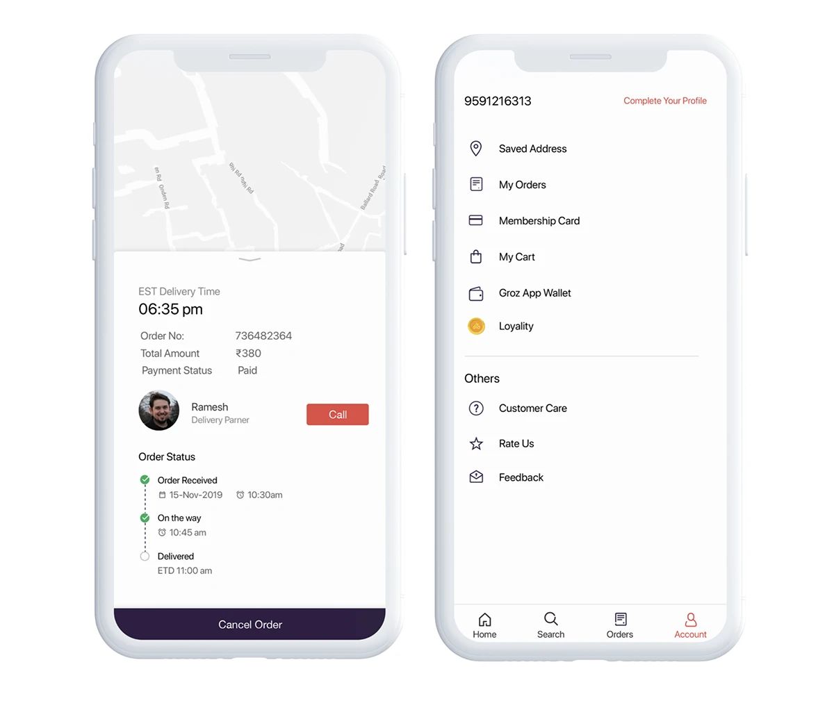 Live order tracking with delivery partner contact, and the account menu tying orders, wallet, and loyalty together.
